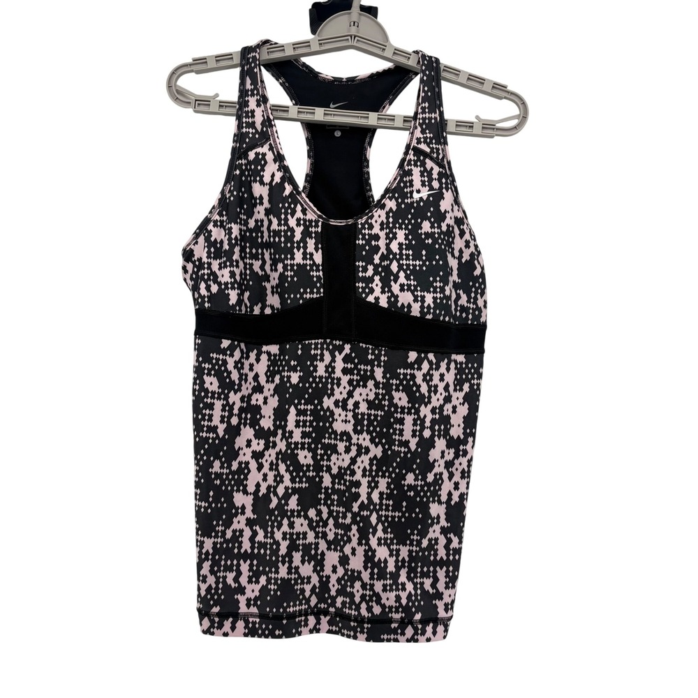 Nike Dri Fit Athletic Tank Top Womens L Black Pink Geometric Print Racerback‎